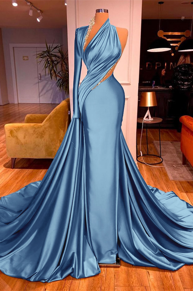 One Shoulder Long Beading Prom Dress Mermaid With Long Sleeve