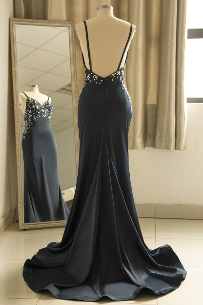 BMbridal Affordable Spaghetti Straps V-Neck Prom Dresses Sleeveless Appliques Beadings Party Dresses Online-BMbridal