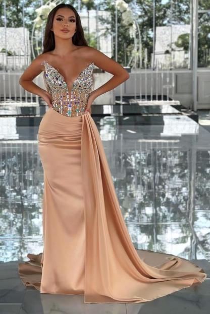 Sexy Mermaid V-Neck Sequined Strapless Split Front Satin Prom Dresses
