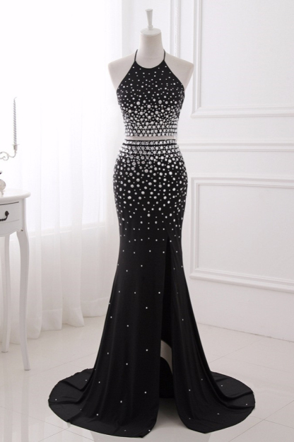 BMbridal Luxury Chiffon Halter Sleeveless Beadings Prom Dresses with Front Slit Online