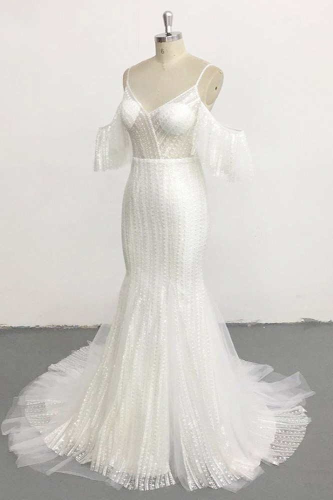 BMbridal Stylish Sleeveless V-Neck Ivory Wedding Dresses Spaghetti Straps Pearls Bridal Gowns On Sale-BMbridal