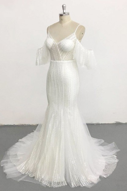 BMbridal Stylish Sleeveless V-Neck Ivory Wedding Dresses Spaghetti Straps Pearls Bridal Gowns On Sale-BMbridal
