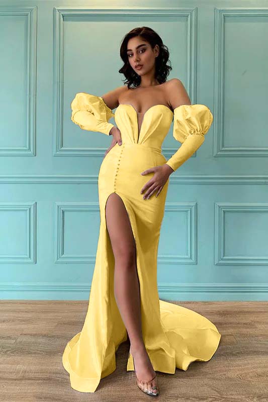 Ivory Bubble Sleeves Sweetheart Long Mermaid Prom Dress With Front Split