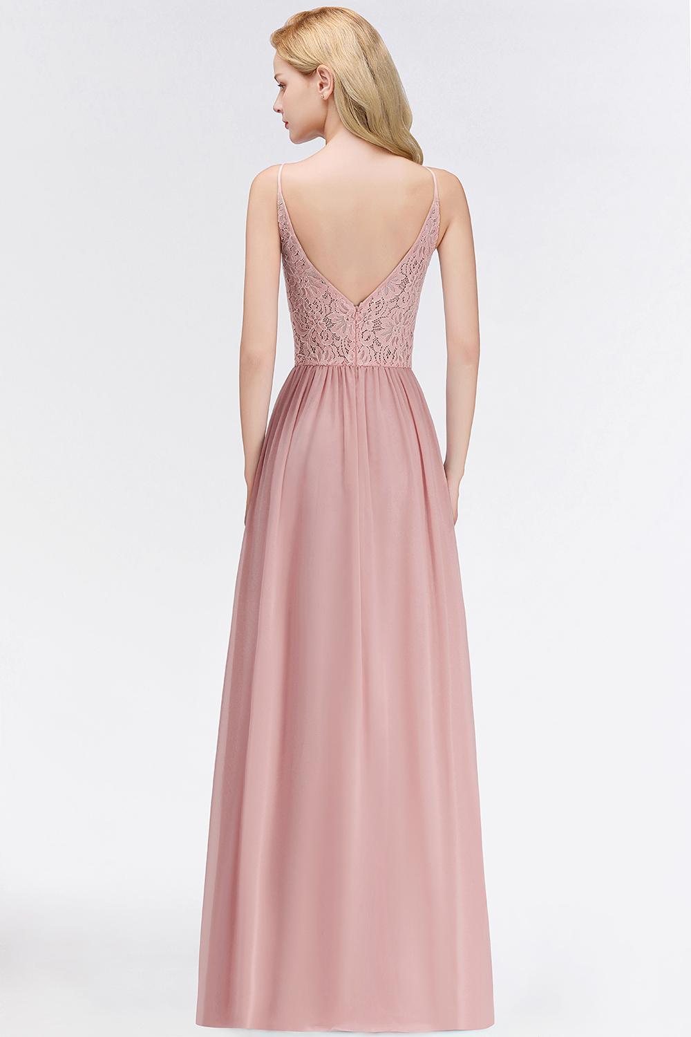 BMbridal Elegant Lace Keyhole Halter Dusty Rose Chiffon Bridesmaid Dress Affordable-BMbridal