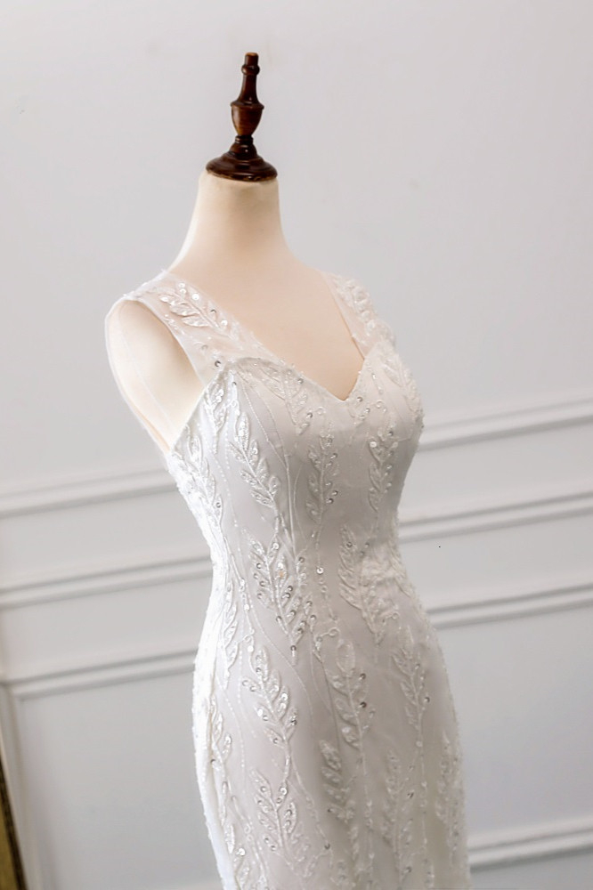 BMbridal Affordable V-Neck Appliques Mermaid Wedding Dresses with Beadings Online