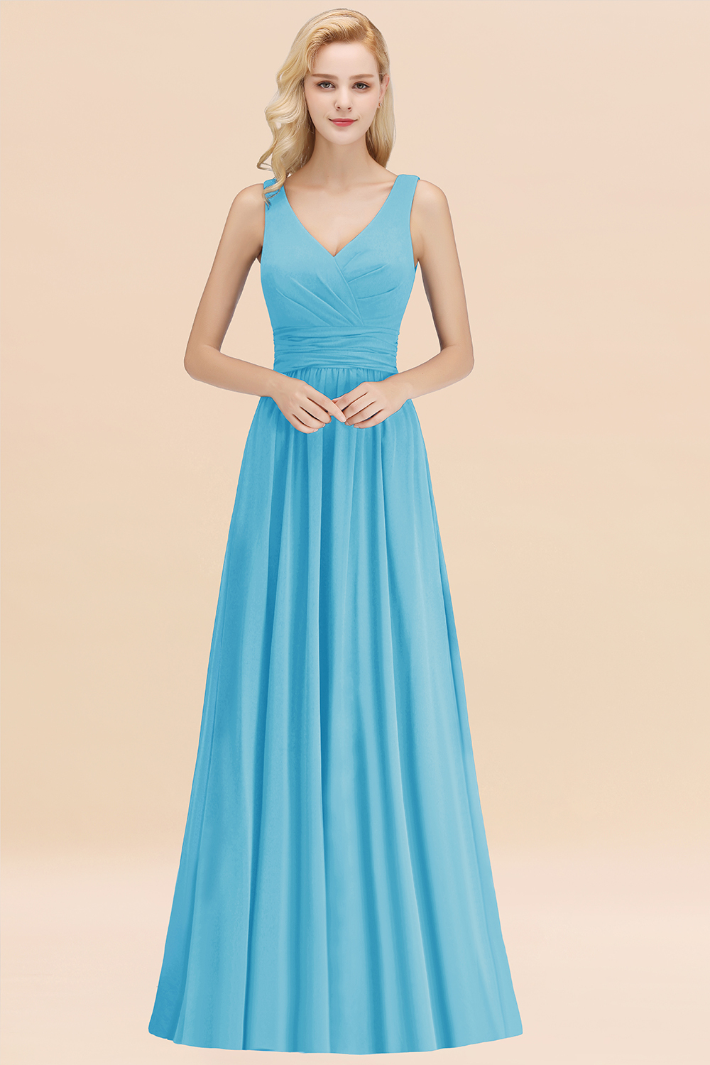 BMbridal Modest Sleeveless V-Neck Long Chiffon Bridesmaid Dress Online with Ruffle-BMbridal