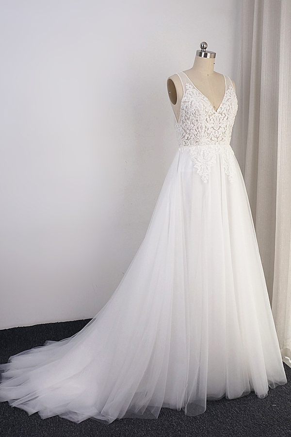BMbridal Elegant V-neck Tulle White Wedding Dress A-Line Lace Appliques Sleeveless Bridal Gowns On Sale-BMbridal