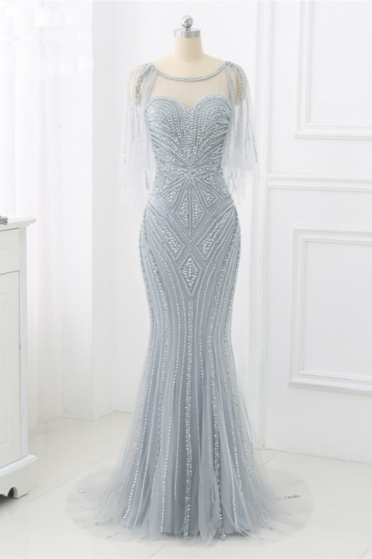 BMbridal Elegant Tulle Jewel Beadings Mermaid Prom Dresses with Ruffles Online