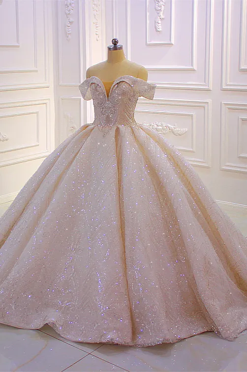 Stylish Off-The-Shoulder Satin Ball Gown Ruffles Wedding Dress Beading with Sequins