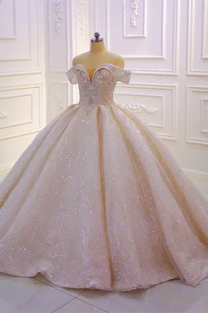 Stylish Off-The-Shoulder Satin Ball Gown Ruffles Wedding Dress Beading with Sequins