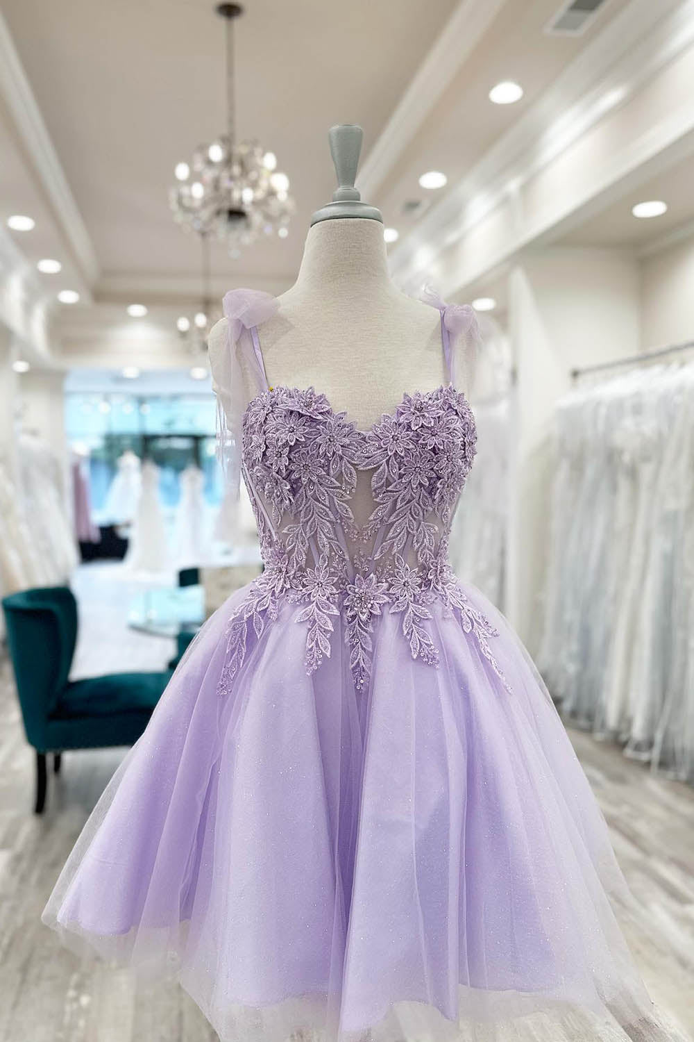 Purple Corset A-Line Tulle Short Flower Homecoming Dress with Lace-BMbridal