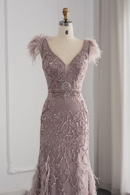 Bmbridal A-Line Taupe V-Neck Tulle Cap Sleeves Prom Dresses with Appliques
