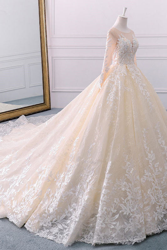 BMbridal Gorgeous Jewel Champagne Tulle Lace Wedding Dress Long Sleeves Appliques Bridal Gowns Online-BMbridal