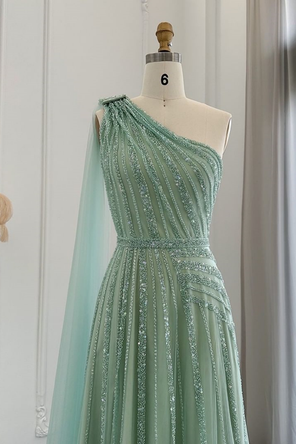 Bmbridal A-Line Dusty Sage One Shoulder Tulle Sleeveless Prom Dresses