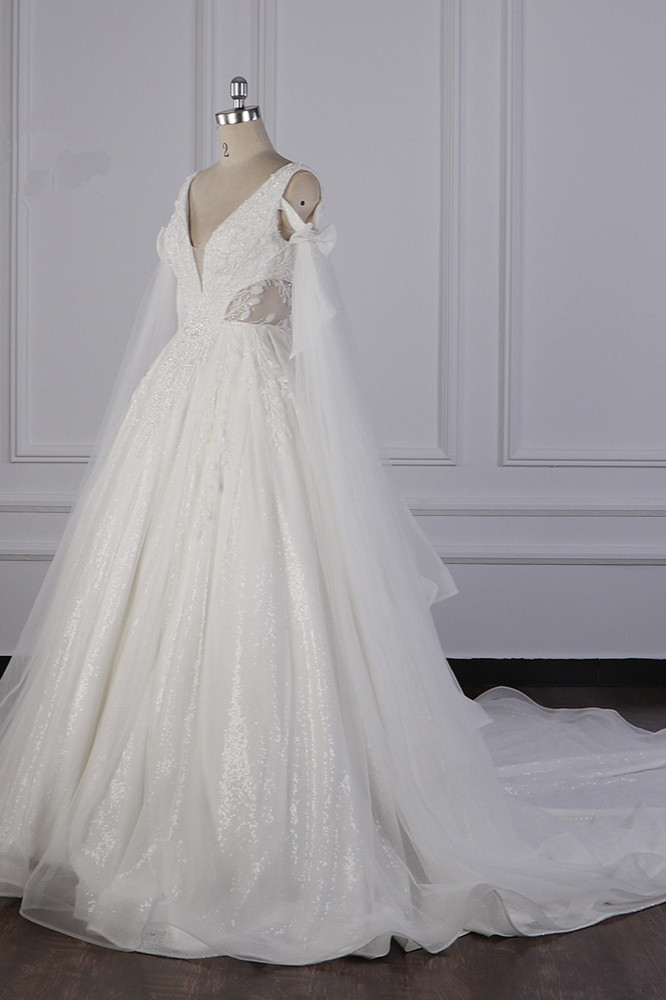 BMbridal Luxury V-Neck Beadings Wedding Dress Tulle Sleeveless Sequined Bridal Gowns On Sale-BMbridal