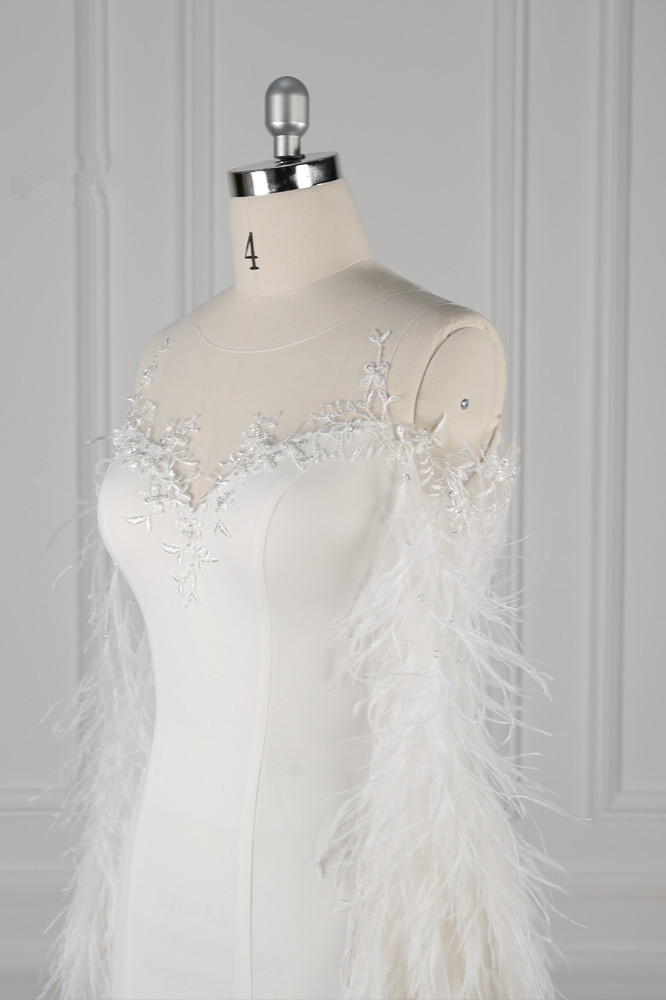 BMbridal Chic Jewel Sleeveless White Chiffon Wedding Dress Mermaid Appliques Bridal Gowns with Fur Onsale-BMbridal