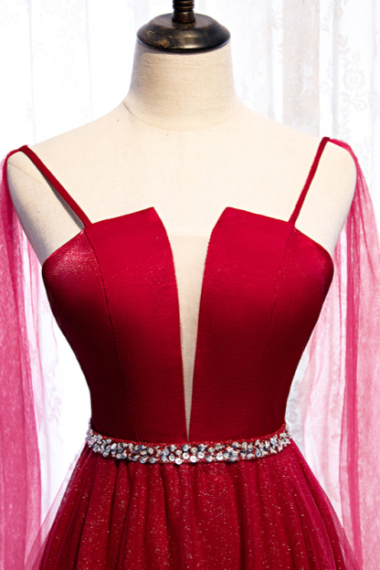BMbridal Stunning Spaghetti Straps Tulle Burgundy Prom Dresses V-Neck Sleeveless Sequins Evening Dresses Online-BMbridal