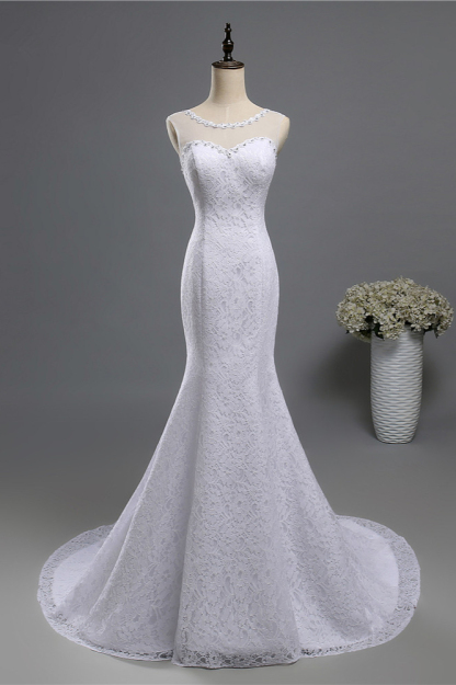 BMbridal Gorgeous Jewel Lace Mermaid Wedding Dress Sleeveless Appliques Bridal Gowns with Rhinestones-BMbridal