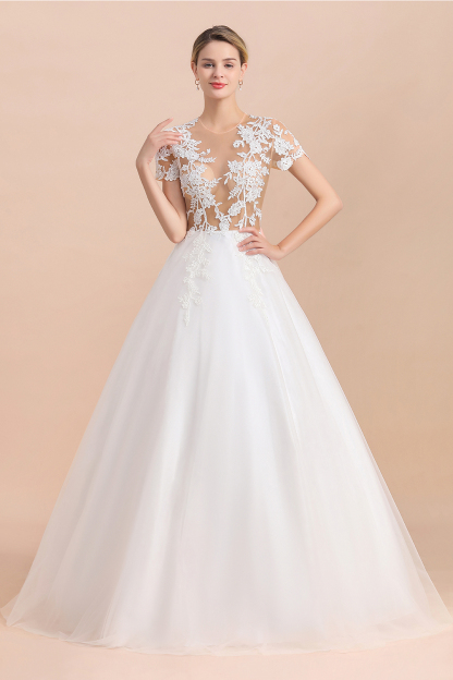 BMbridal Sexy See Through Tulle Appliques Short Sleeves Wedding Dress