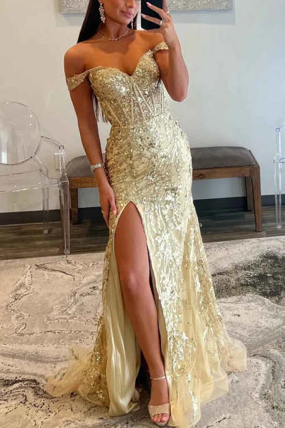 Sparkly Golden Off the Shoulder Mermaid Sequins Long Prom Dress with Slit