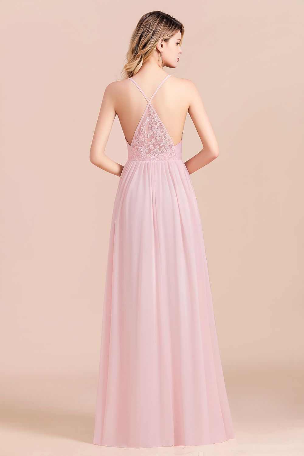 BMbridal Gorgeous Spaghetti Straps Ruffle Pink Chiffon Bridesmaid Dress Affordable-BMbridal