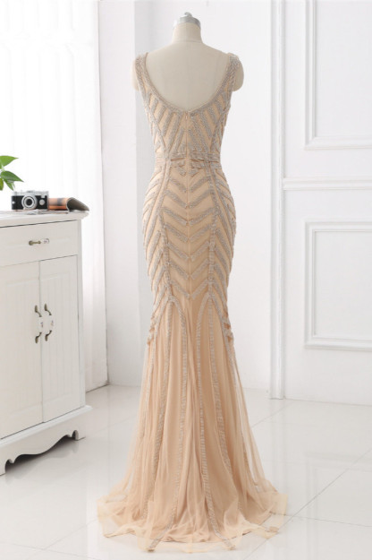 BMbridal Elegant Gold Tulle V-Neck Sleeveless Prom Dresses with Beadings On Sale
