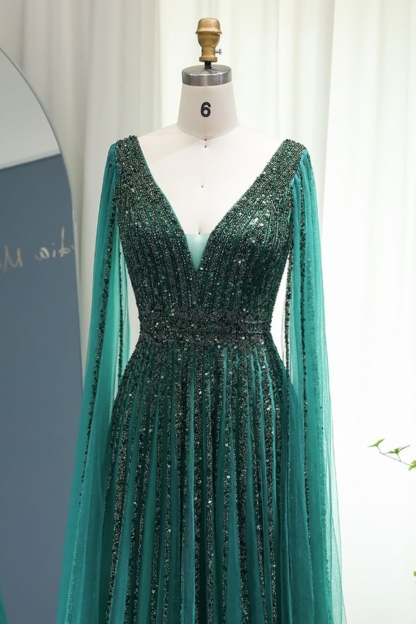 Bmbridal Peacock Tulle V-Neck Sleeveless Floor-Length Prom Dresses with Beadings