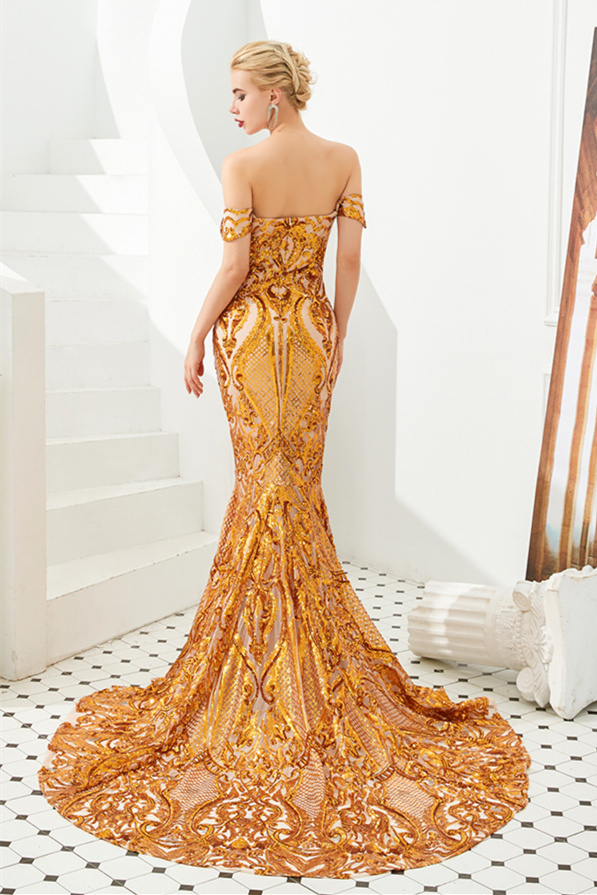 Bmbridal Off-the-Shoulder Gold Prom Dress Mermaid Long