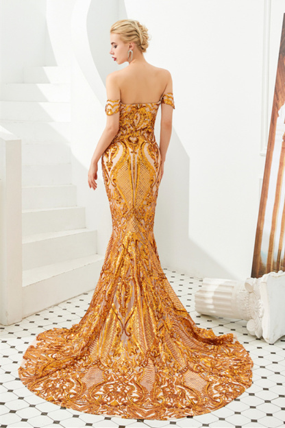 Bmbridal Off-the-Shoulder Gold Prom Dress Mermaid Long