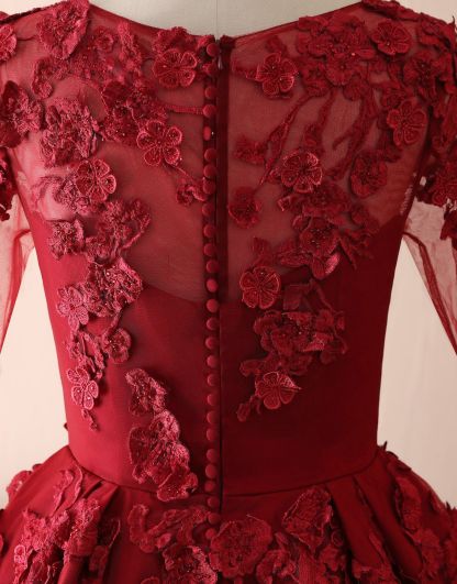BMbridal Elegant Long Sleeve Burgundy Prom Dress Lace Evening Gowns