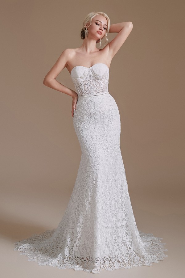 BMbridal Detachable Bubble Sleeves Lace Wedding Dress Mermaid Long-BMbridal