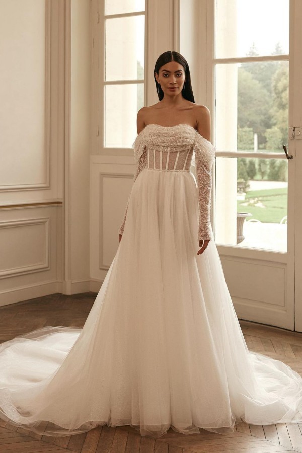 Bmbridal Off-the-Shoulder Wedding Dress A-Line Tulle With Long Sleeves-BMbridal