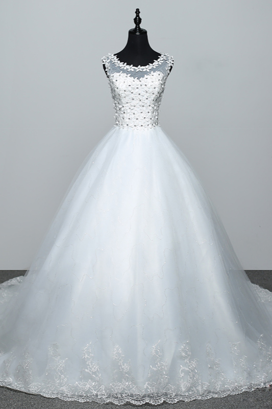 BMbridal Elegant Jewel White Tulle Ball Gown Wedding Dresses Sleeveless Appliques Bridal Gowns with Rhinestones-BMbridal