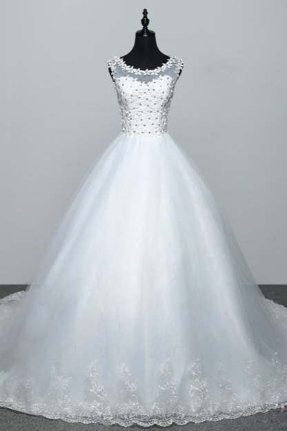 BMbridal Elegant Jewel White Tulle Ball Gown Wedding Dresses Sleeveless Appliques Bridal Gowns with Rhinestones-BMbridal