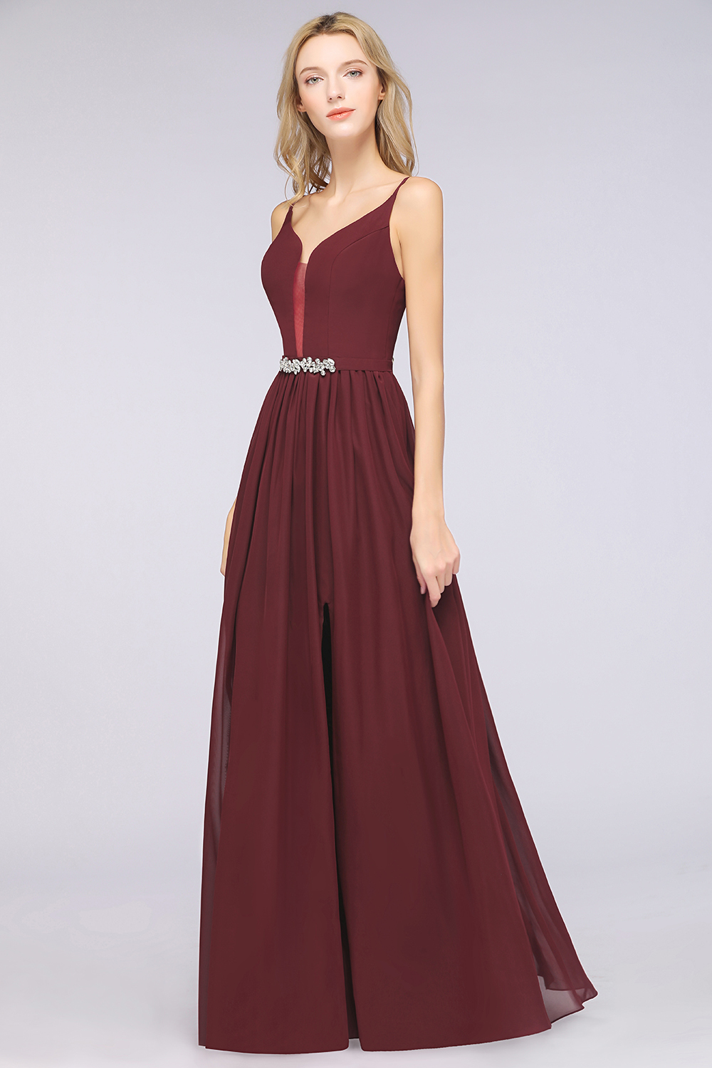 BMbridal Sexy Deep-V-Neck Appliques Burgundy Chiffon Bridesmaid Dress with Slit-BMbridal