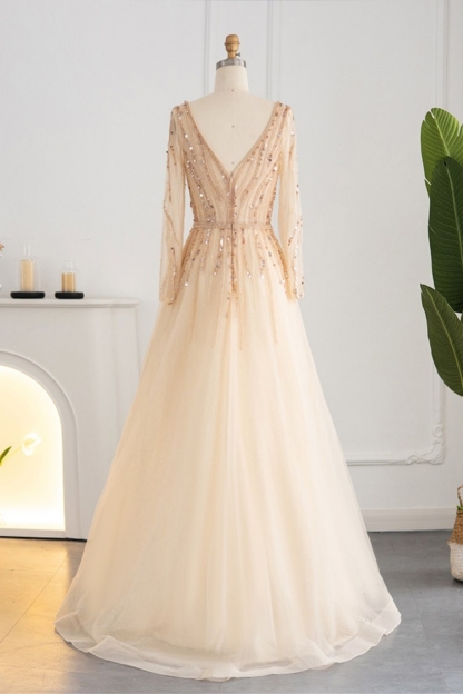 Bmbridal Champagne A-Line Long Sleeves V-Neck Prom Dresses with Appliques