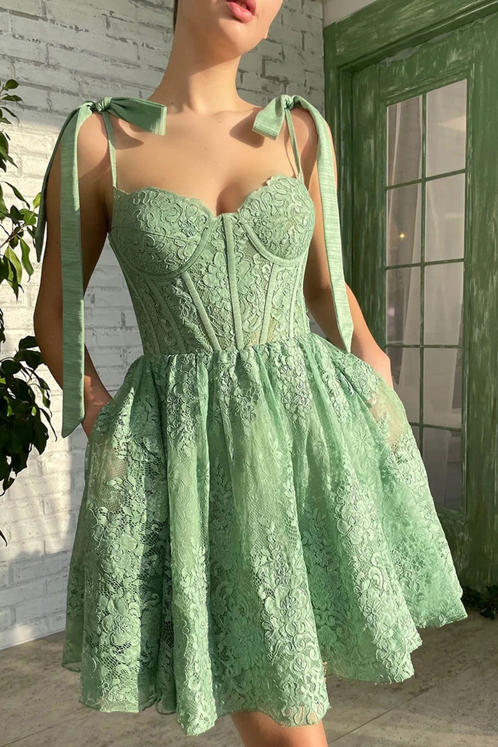 Green Sweetheart Homecoming Dress with Appliques-BMbridal