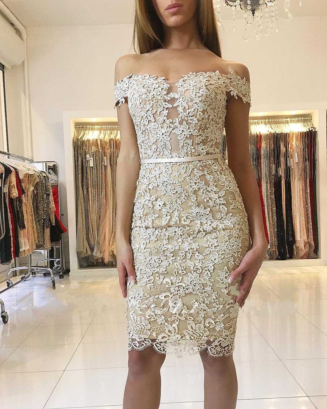 Bmbridal Off-the-Shoulder Sheath Prom Dress Knee-Length With Appliques