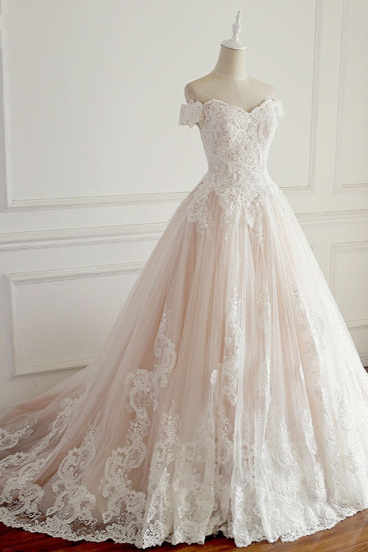 BMbridal Elegant Off-the-Shoulder Tulle Lace Wedding Dress Sweetheart Appliques Sleeveless Bridal Gowns On Sale-BMbridal