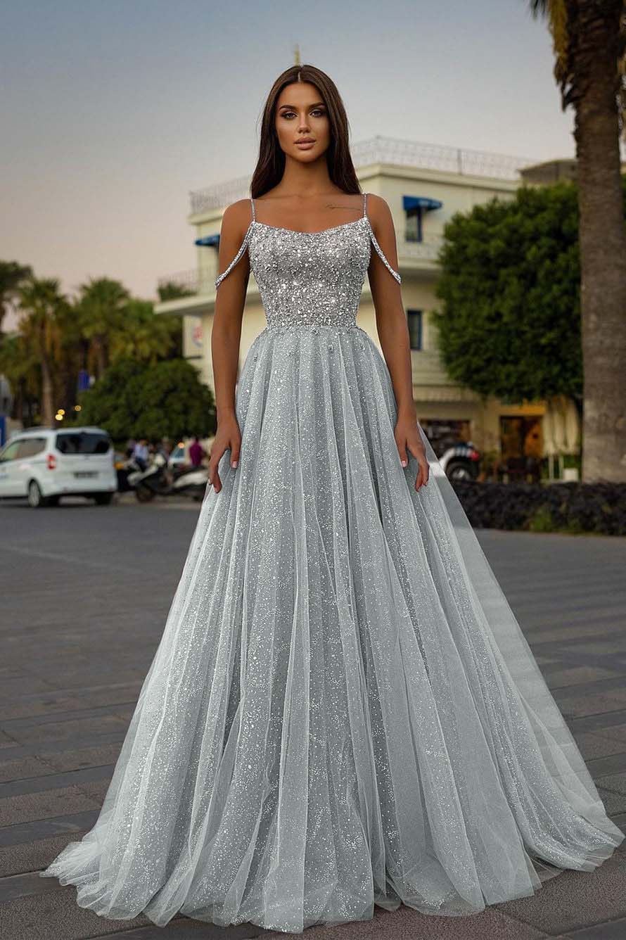 Tulle Spaghetti Strap Sleeveless A Line Long Prom Dress With Sequins Beads