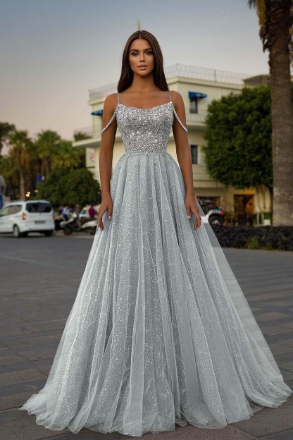 Tulle Spaghetti Strap Sleeveless A Line Long Prom Dress With Sequins Beads