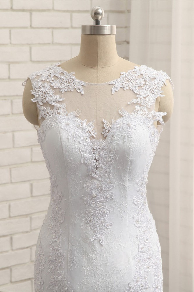 BMbridal Glamorous Jewel Tulle Appliques Wedding Dress Lace Sleeveless Mermaid Bridal Gowns Online