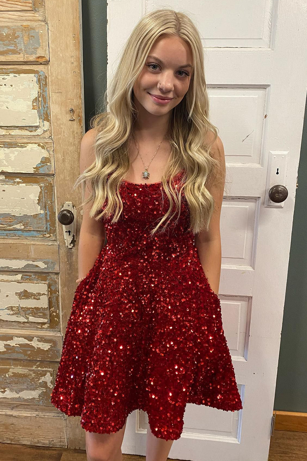 Sparkly Burgundy A-Line Backless Short Hoco Dress with Pockets-BMbridal
