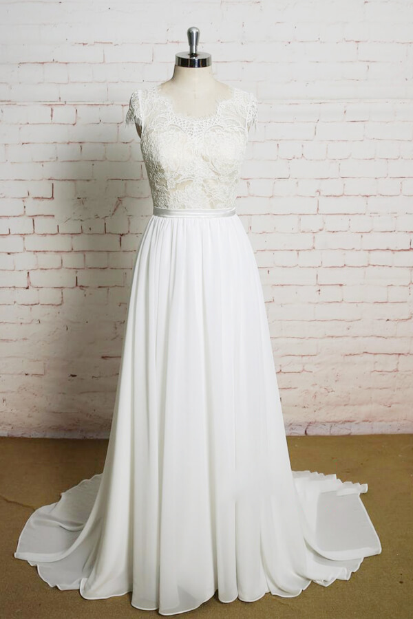 BMbridal Lace Chiffon A-line Court Train Wedding Dress On Sale-BMbridal