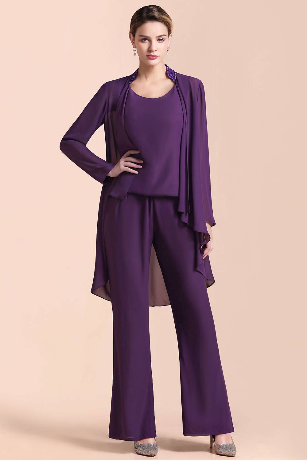 BMbridal Affordable Straps Beading Grape Chiffon Mother of Bride Jumpsuit Online with Wrap-BMbridal