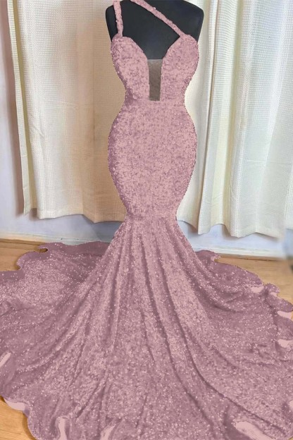 Red Mermaid Sleeveless One Shoulder Prom Dress Sweetheart Elegant Sequins