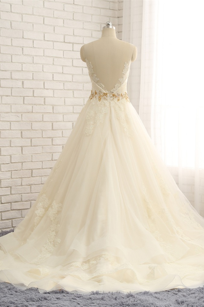BMbridal Gorgeous Jewel Sleeveless A-Line Tulle Wedding Dress Lace Appliques Bridal Gowns with Beadings-BMbridal