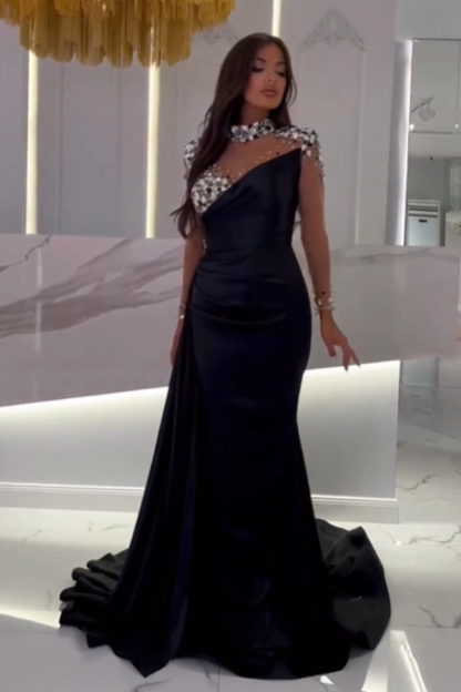 Black Long Sleeves Mermaid Evening Dress High Neck With Crystal