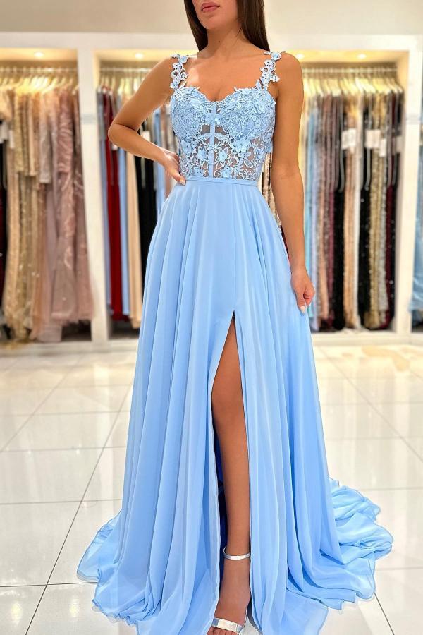 Bmbridal Sky Blue Sleeveless Long Prom Dress Slit Sleeveless With Appliques