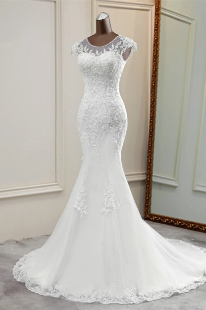 BMbridal Elegant Jewel Sleeveless White Lace Mermaid Wedding Dresses with Rhinestone Appliques